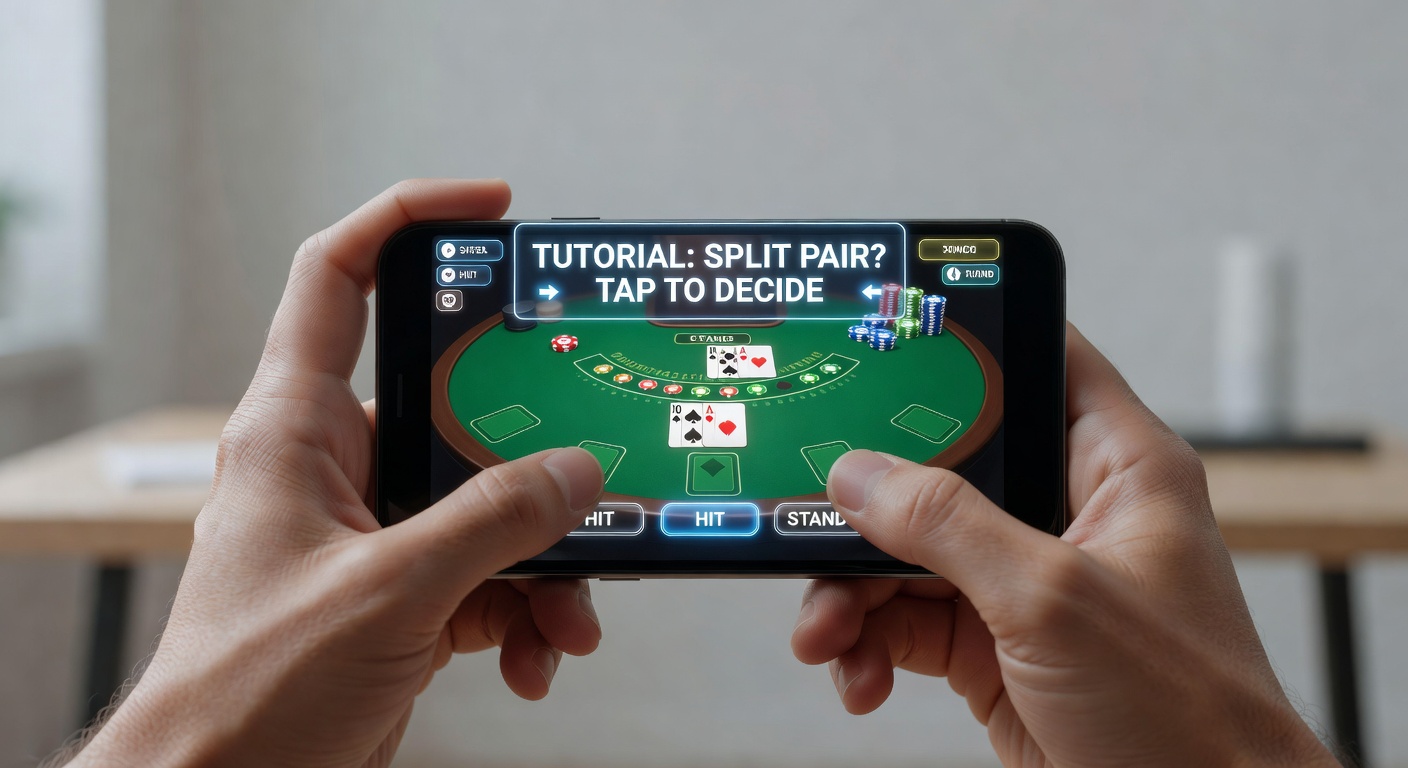 Smartphone zeigt interaktives Blackjack-Tutorial mit Entscheidungshilfen während einer High-Stakes-Session